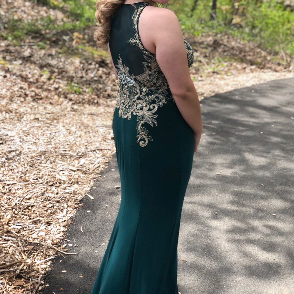 Xscape Teal and Gold Prom Dress - Picture 2 of 12